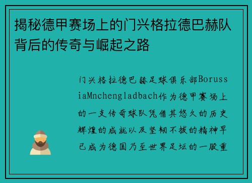 揭秘德甲赛场上的门兴格拉德巴赫队背后的传奇与崛起之路