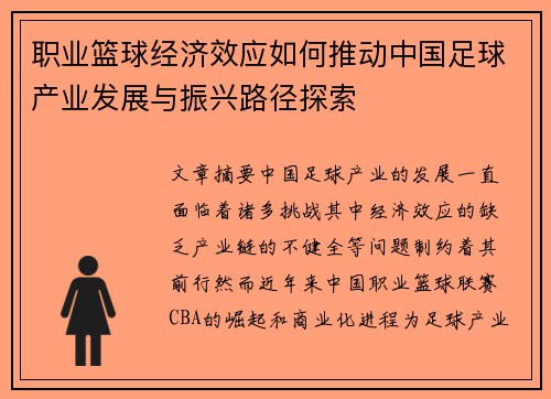 职业篮球经济效应如何推动中国足球产业发展与振兴路径探索